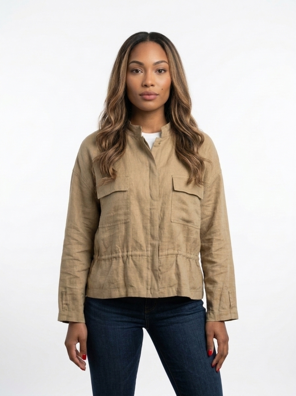 CONTEMPORAINE Linen Utility Jacket Drawstring Waist Tan XL